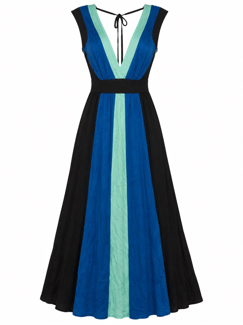 Colorblock V-Neck Maxi Dress in Black Blue and Teal Size Medium
